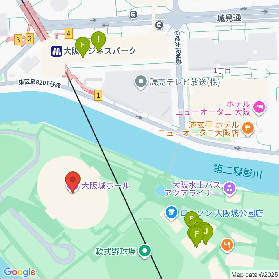 大阪城ホール周辺のファミレス・ファーストフード一覧地図
