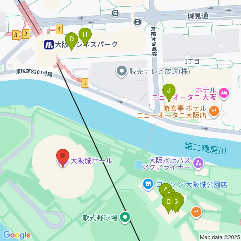 大阪城ホール周辺のファミレス・ファーストフード一覧地図