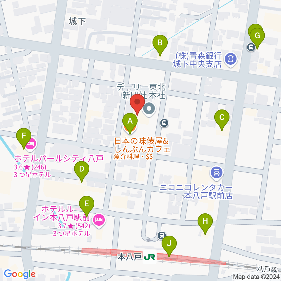 デーリー東北ホール周辺のファミレス・ファーストフード一覧地図