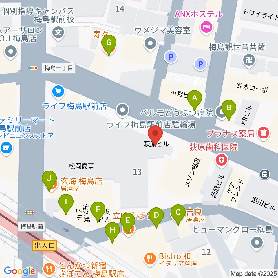梅島Hugo周辺のファミレス・ファーストフード一覧地図