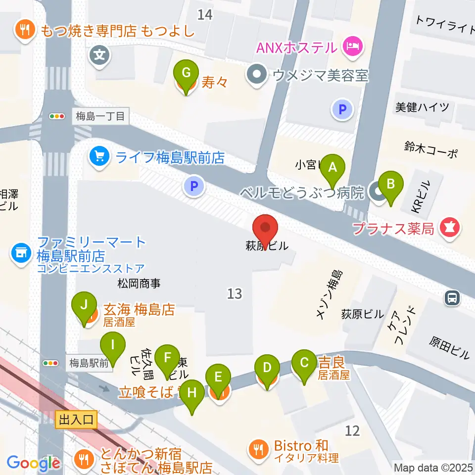 梅島Hugo周辺のファミレス・ファーストフード一覧地図