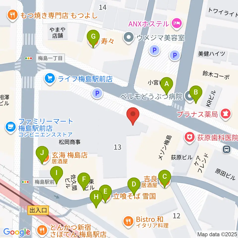梅島Hugo周辺のファミレス・ファーストフード一覧地図
