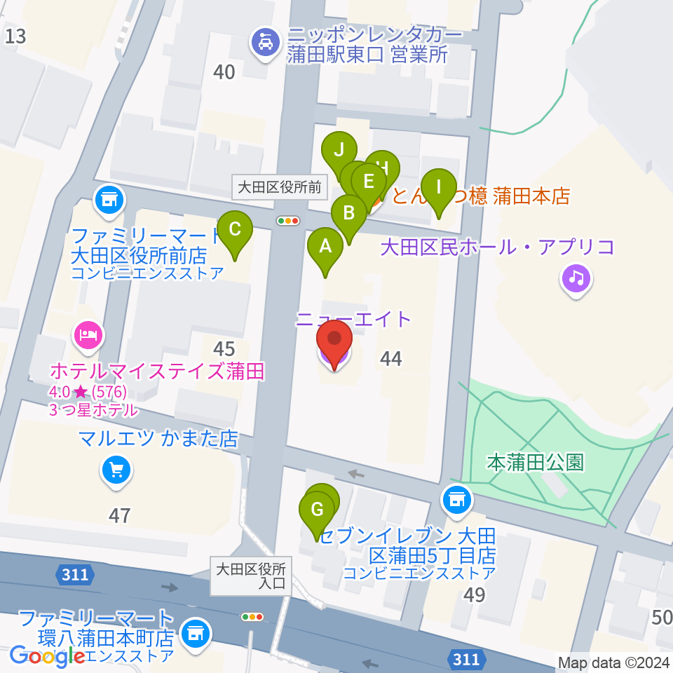 蒲田ニューエイト周辺のファミレス・ファーストフード一覧地図