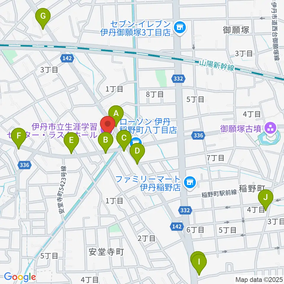 ラスタホール（伊丹市立生涯学習センター） 周辺のファミレス・ファーストフード一覧地図