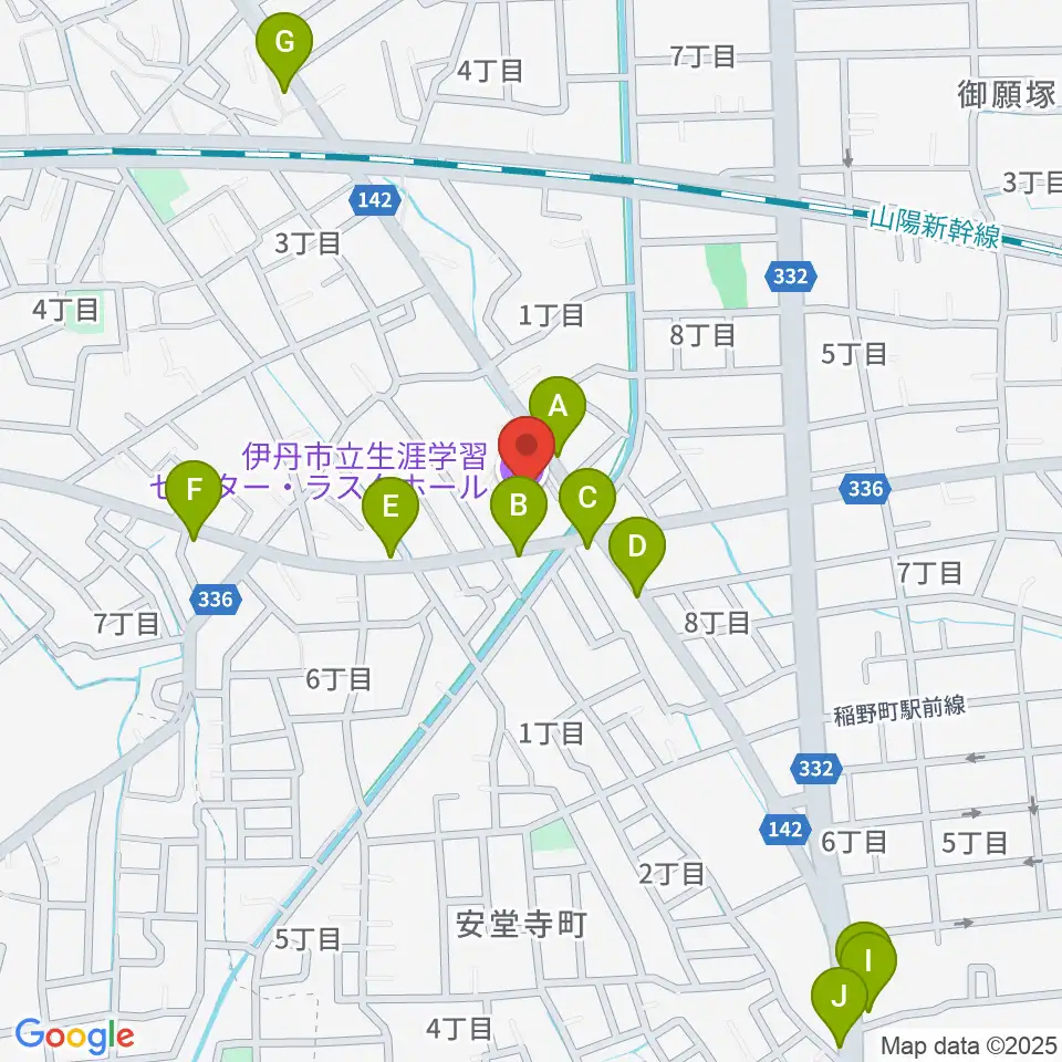 ラスタホール（伊丹市立生涯学習センター） 周辺のファミレス・ファーストフード一覧地図