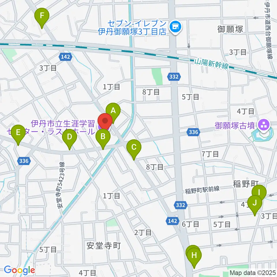 ラスタホール（伊丹市立生涯学習センター） 周辺のファミレス・ファーストフード一覧地図