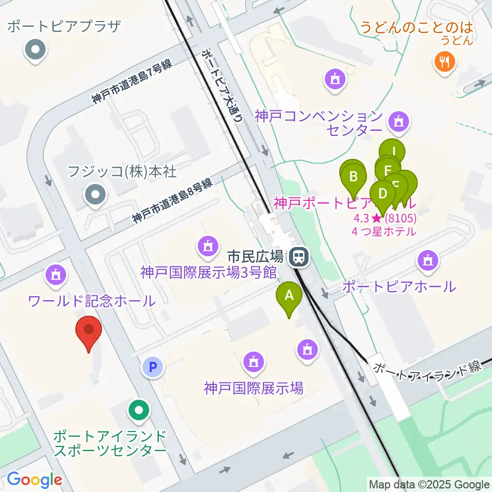 ワールド記念ホール周辺のファミレス・ファーストフード一覧地図