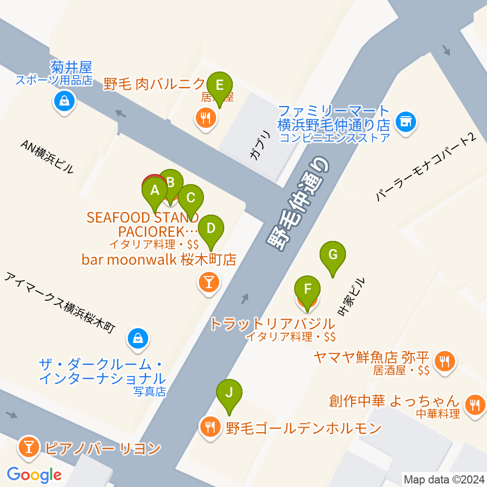 横浜ダウンビート周辺のファミレス・ファーストフード一覧地図