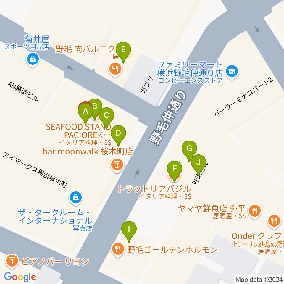 横浜ダウンビート周辺のファミレス・ファーストフード一覧地図