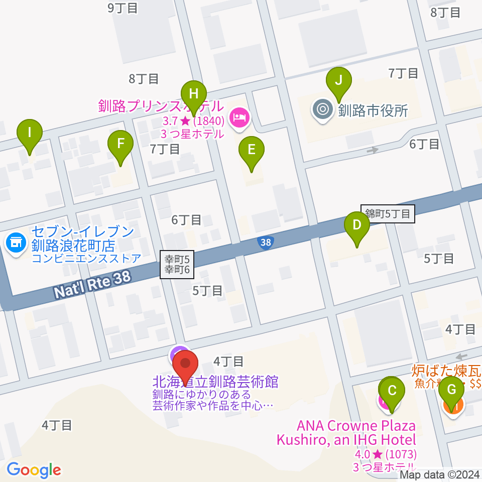 北海道立釧路芸術館 アートホール周辺のファミレス・ファーストフード一覧地図