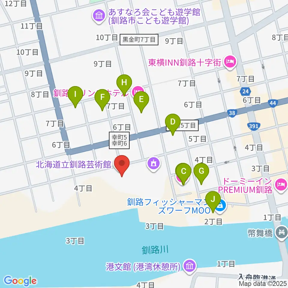 北海道立釧路芸術館 アートホール周辺のファミレス・ファーストフード一覧地図