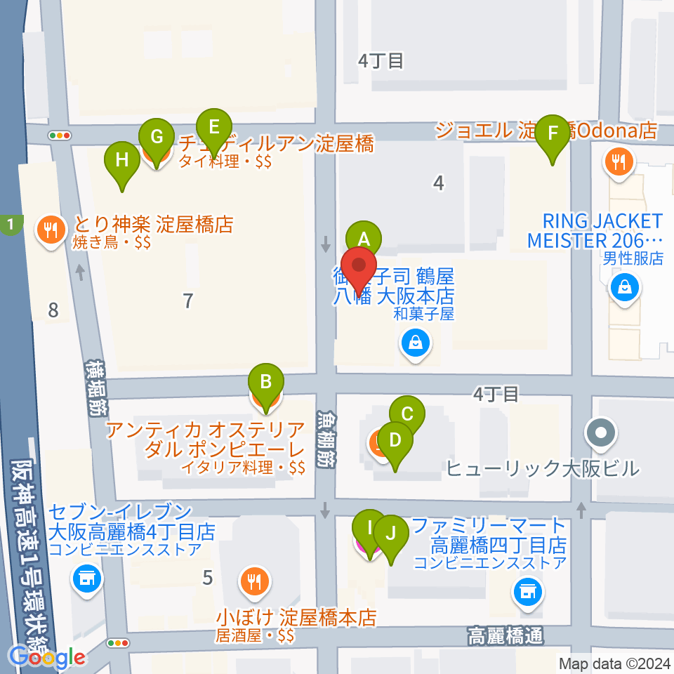 大阪倶楽部4Fホール周辺のファミレス・ファーストフード一覧地図