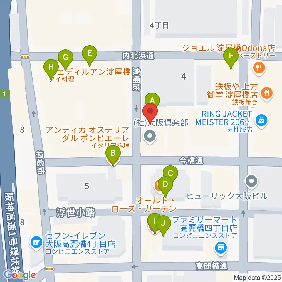 大阪倶楽部4Fホール周辺のファミレス・ファーストフード一覧地図