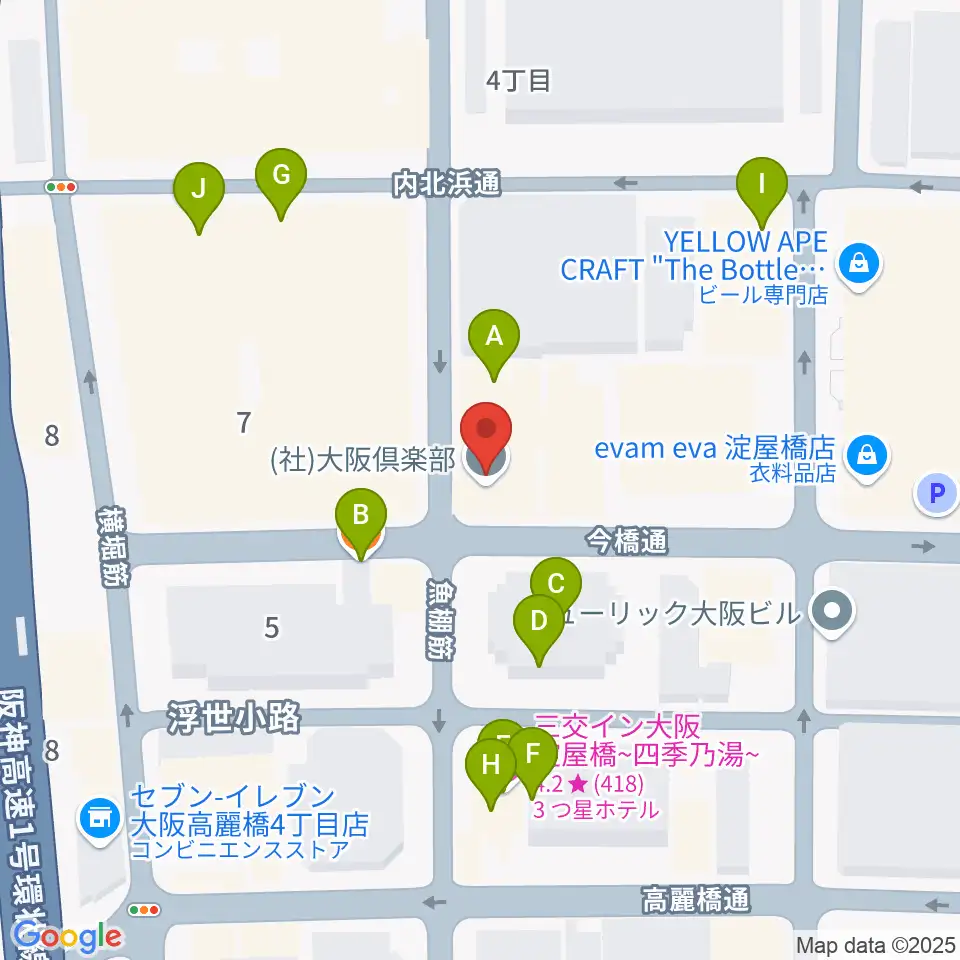 大阪倶楽部4階ホール周辺のファミレス・ファーストフード一覧地図