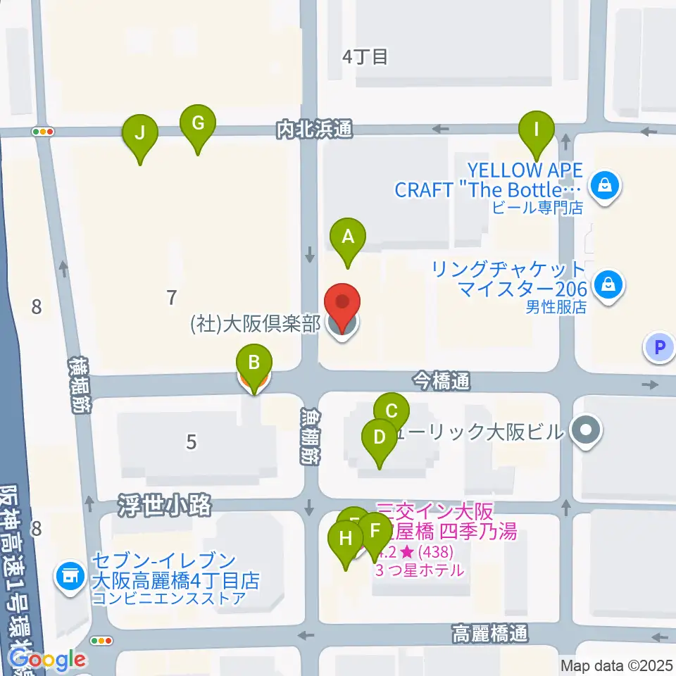 大阪倶楽部4階ホール周辺のファミレス・ファーストフード一覧地図