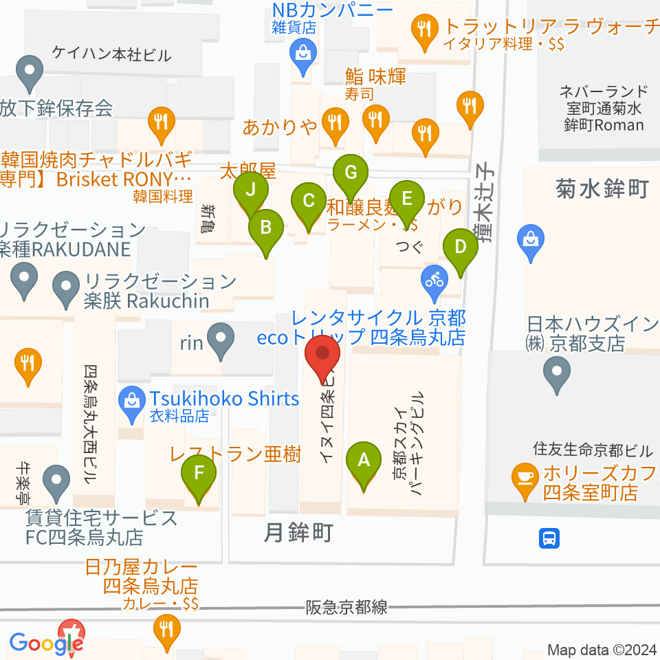 ヴィルトゥオーゾ京都四条烏丸店周辺のファミレス・ファーストフード一覧地図