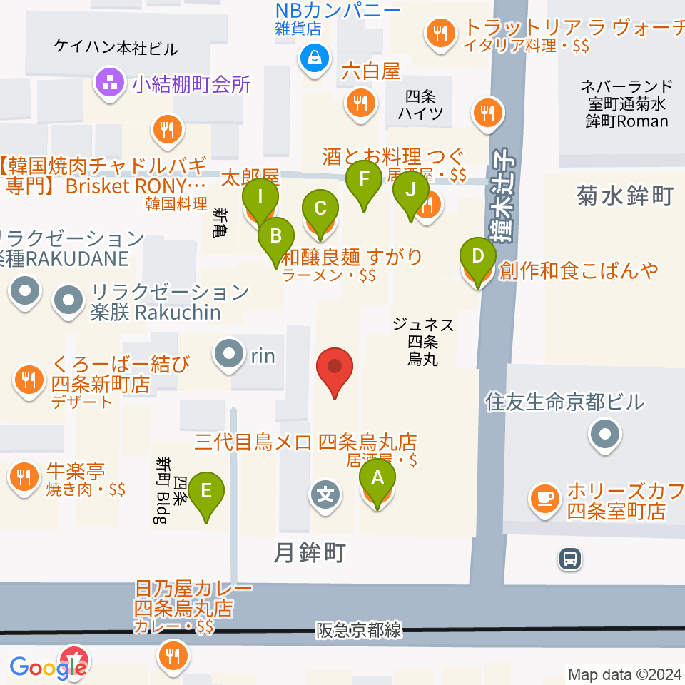 ヴィルトゥオーゾ京都四条烏丸店周辺のファミレス・ファーストフード一覧地図