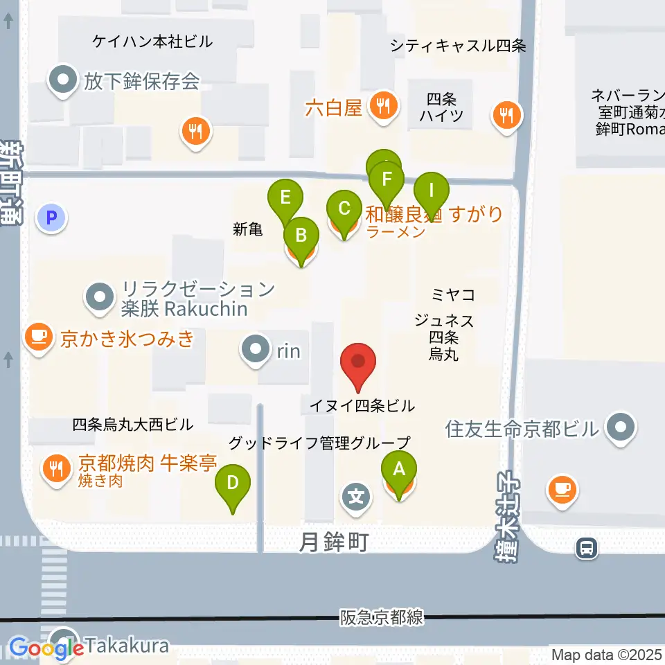 ヴィルトゥオーゾ京都四条烏丸店周辺のファミレス・ファーストフード一覧地図