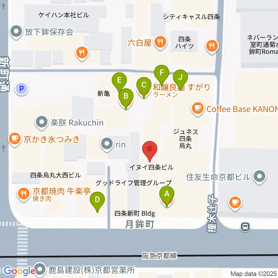ヴィルトゥオーゾ京都四条烏丸店周辺のファミレス・ファーストフード一覧地図