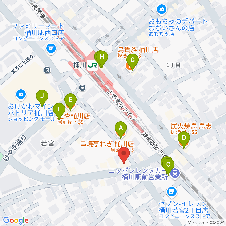 桶川の音楽スタジオVEIN周辺のファミレス・ファーストフード一覧地図