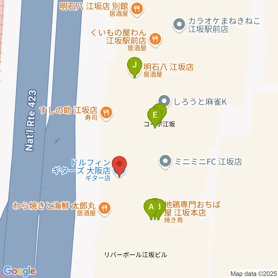 ドルフィンギターズ大阪店周辺のファミレス・ファーストフード一覧地図