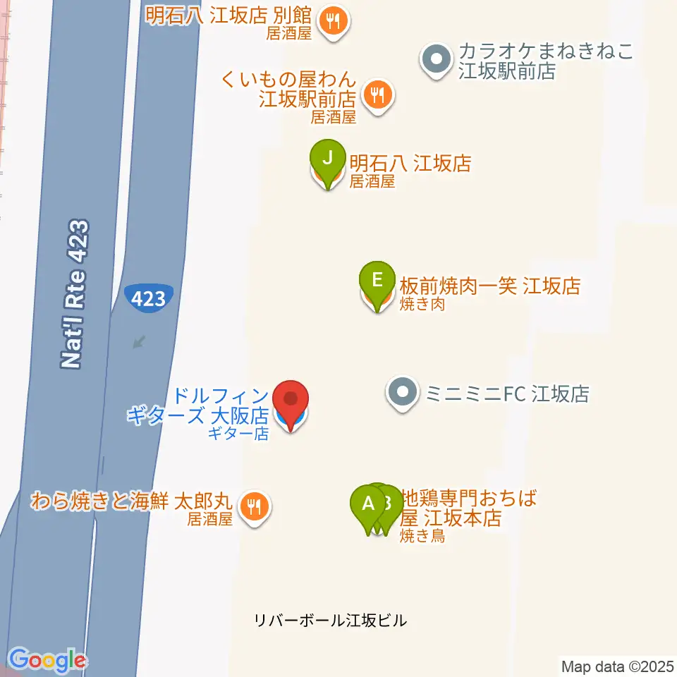 ドルフィンギターズ大阪店周辺のファミレス・ファーストフード一覧地図
