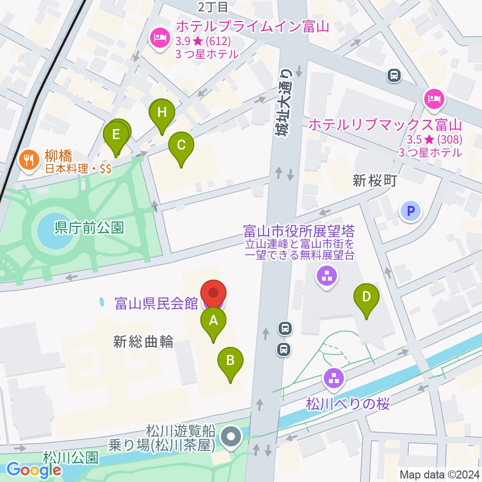 富山県民会館周辺のファミレス・ファーストフード一覧地図