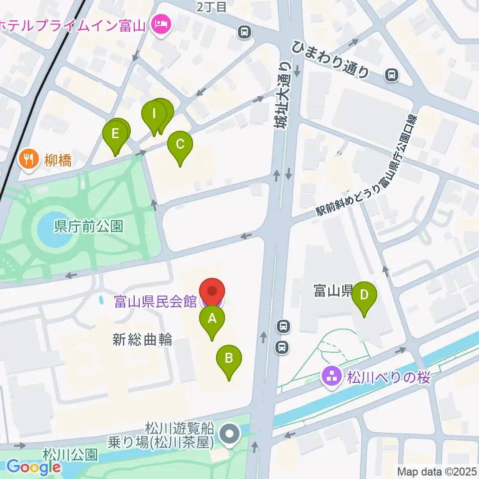 富山県民会館周辺のファミレス・ファーストフード一覧地図