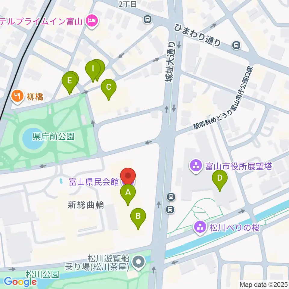 富山県民会館周辺のファミレス・ファーストフード一覧地図