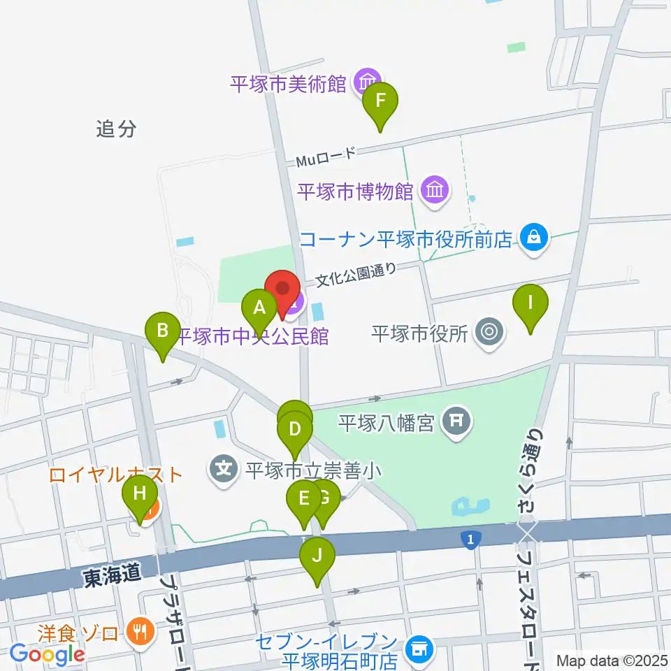 平塚市中央公民館周辺のファミレス・ファーストフード一覧地図