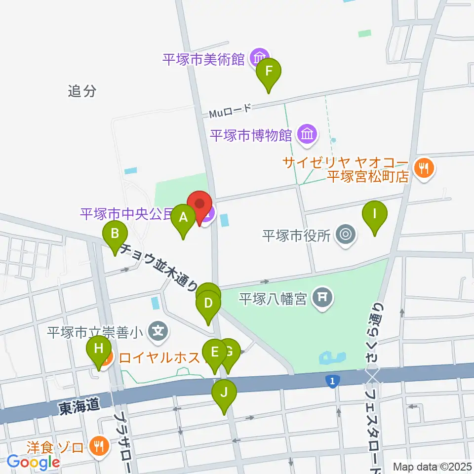 平塚市中央公民館周辺のファミレス・ファーストフード一覧地図