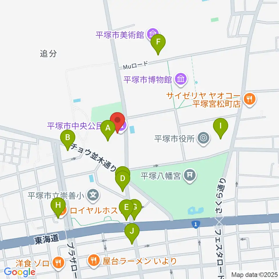 平塚市中央公民館周辺のファミレス・ファーストフード一覧地図