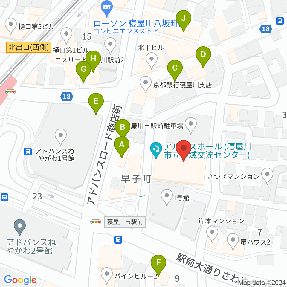 寝屋川アルカスホール周辺のファミレス・ファーストフード一覧地図