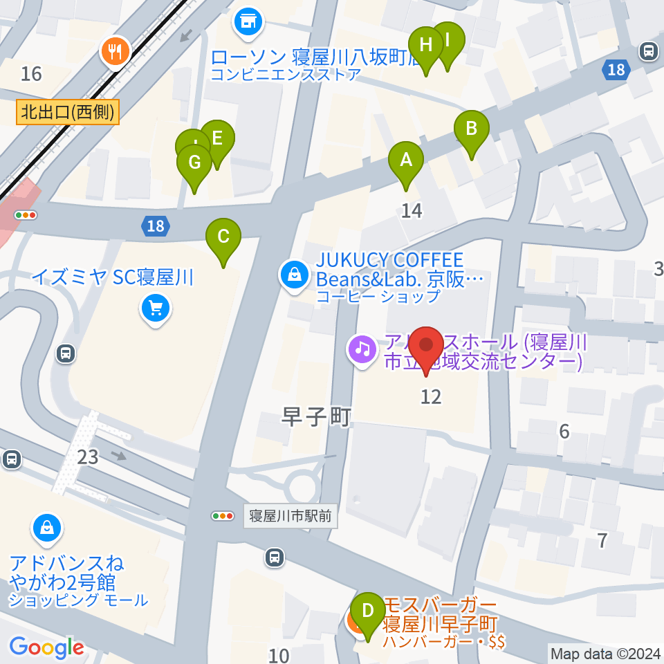 寝屋川アルカスホール周辺のファミレス・ファーストフード一覧地図