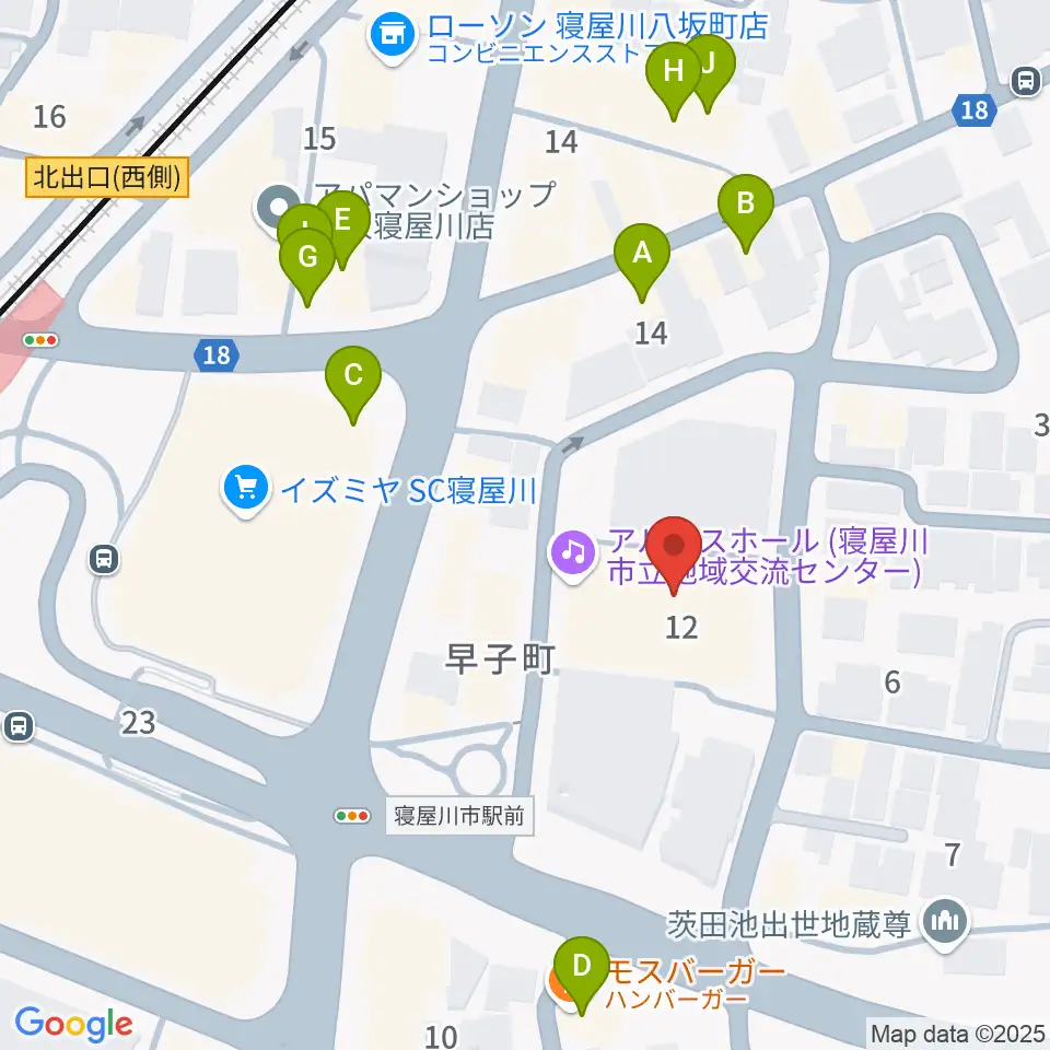 寝屋川アルカスホール周辺のファミレス・ファーストフード一覧地図