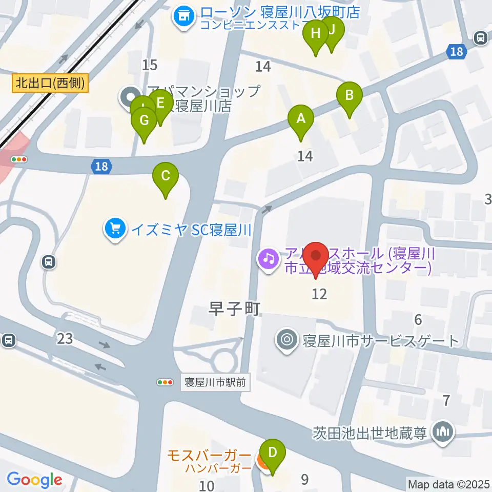 寝屋川アルカスホール周辺のファミレス・ファーストフード一覧地図