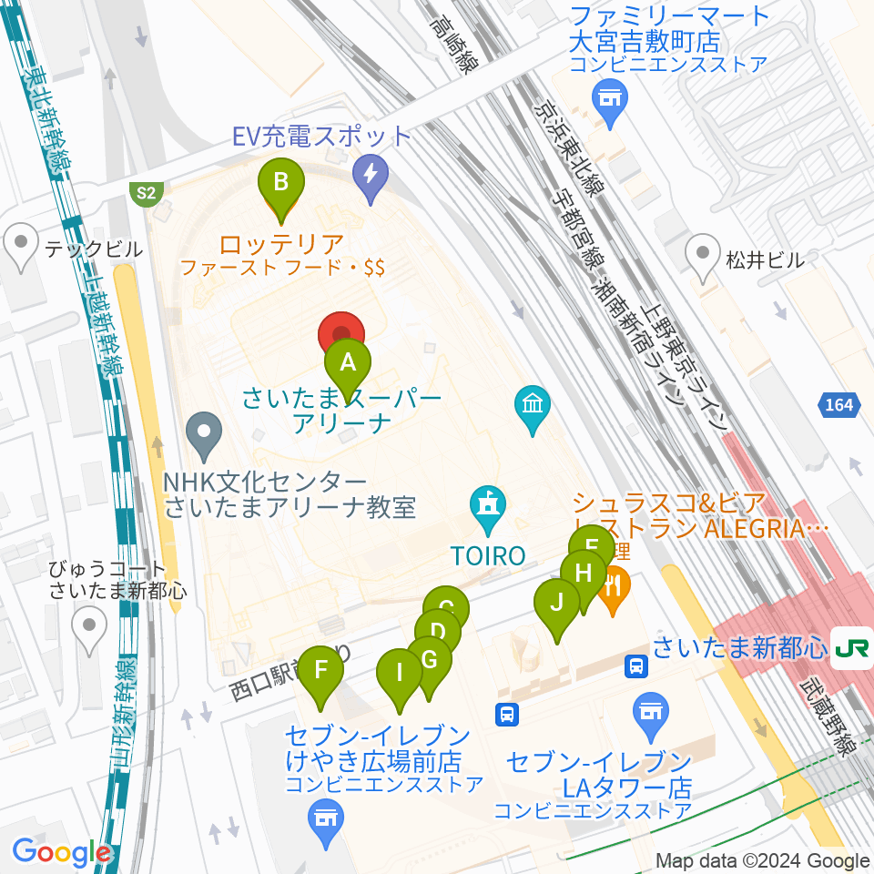 さいたまスーパーアリーナ周辺のファミレス・ファーストフード一覧地図