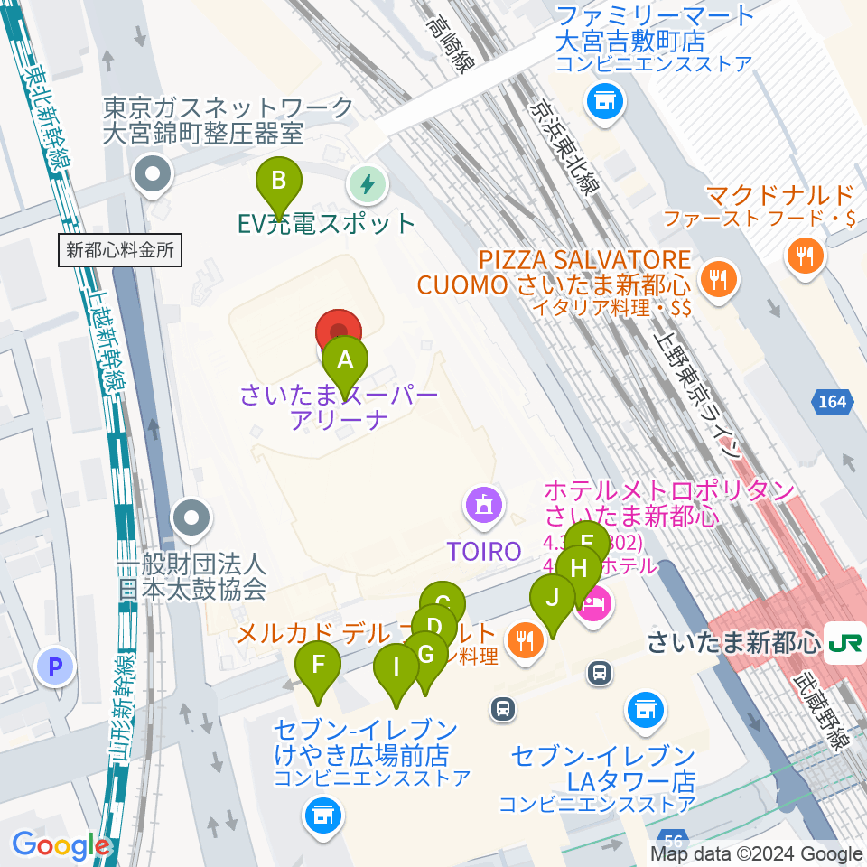 さいたまスーパーアリーナ周辺のファミレス・ファーストフード一覧地図