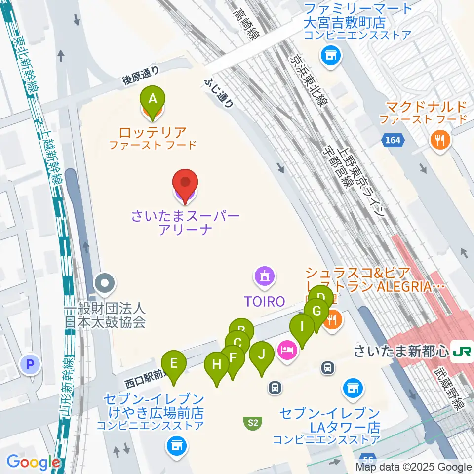 さいたまスーパーアリーナ周辺のファミレス・ファーストフード一覧地図