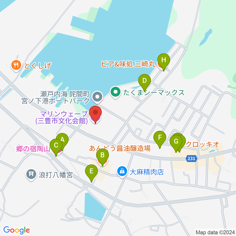 三豊市文化会館マリンウェーブ周辺のファミレス・ファーストフード一覧地図