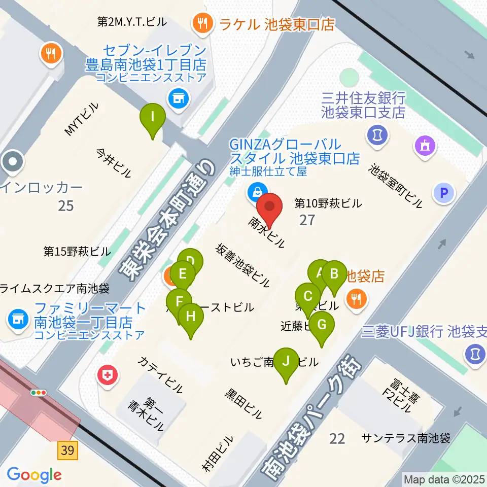 クロサワバイオリン池袋店周辺のファミレス・ファーストフード一覧地図