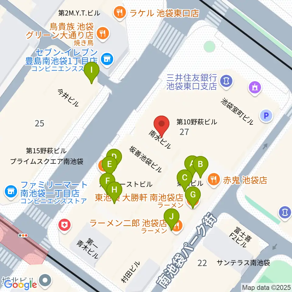 クロサワバイオリン池袋店周辺のファミレス・ファーストフード一覧地図
