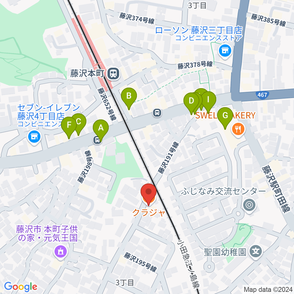 藤沢本町クラジャ周辺のファミレス・ファーストフード一覧地図