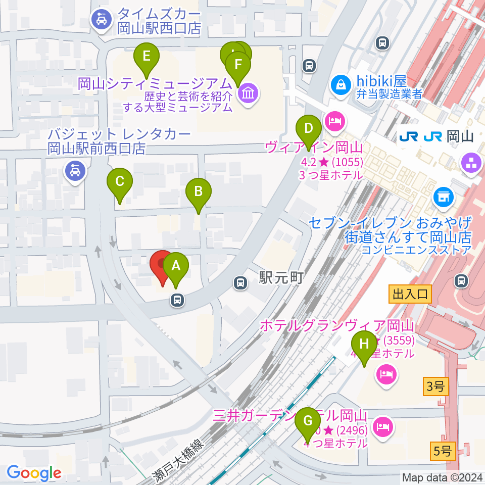 山陽こだま楽器 岡山西口店周辺のファミレス・ファーストフード一覧地図