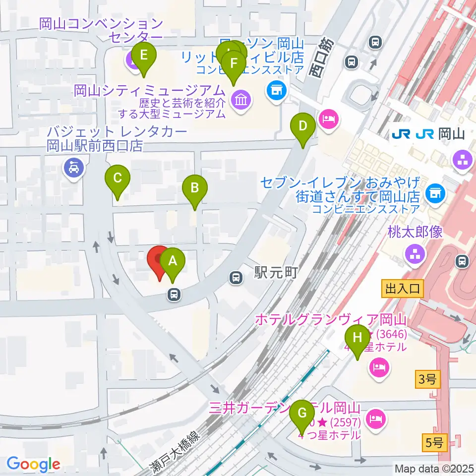 山陽こだま楽器 岡山西口店周辺のファミレス・ファーストフード一覧地図