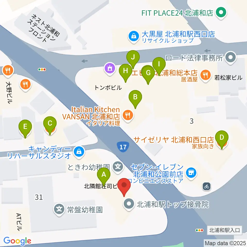 北浦和エアーズ周辺のファミレス・ファーストフード一覧地図