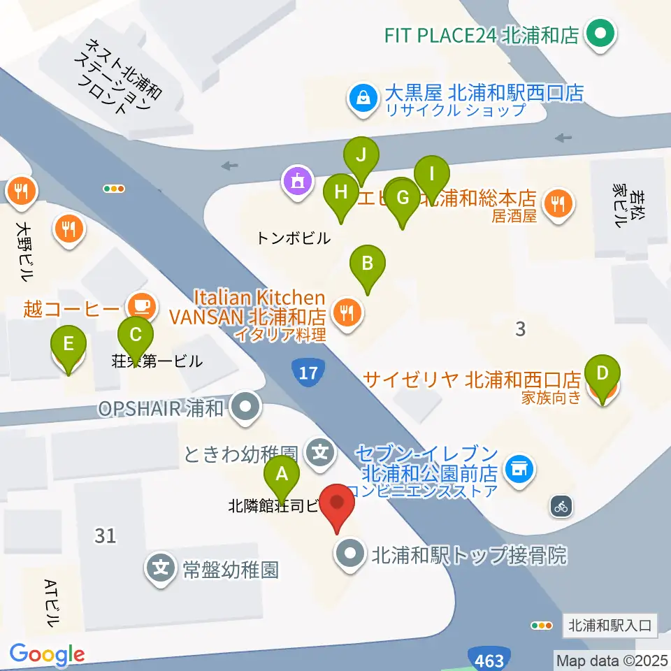 北浦和エアーズ周辺のファミレス・ファーストフード一覧地図
