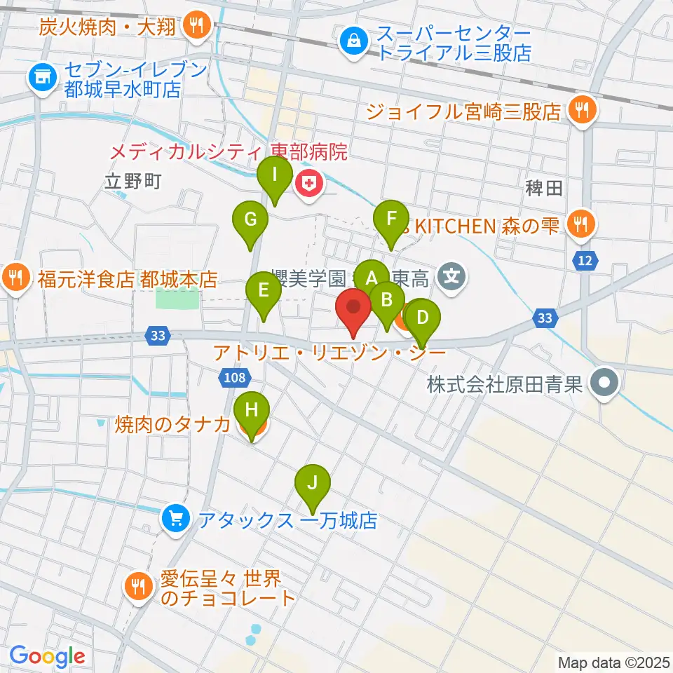 ピアノ工房グローミュージック周辺のファミレス・ファーストフード一覧地図