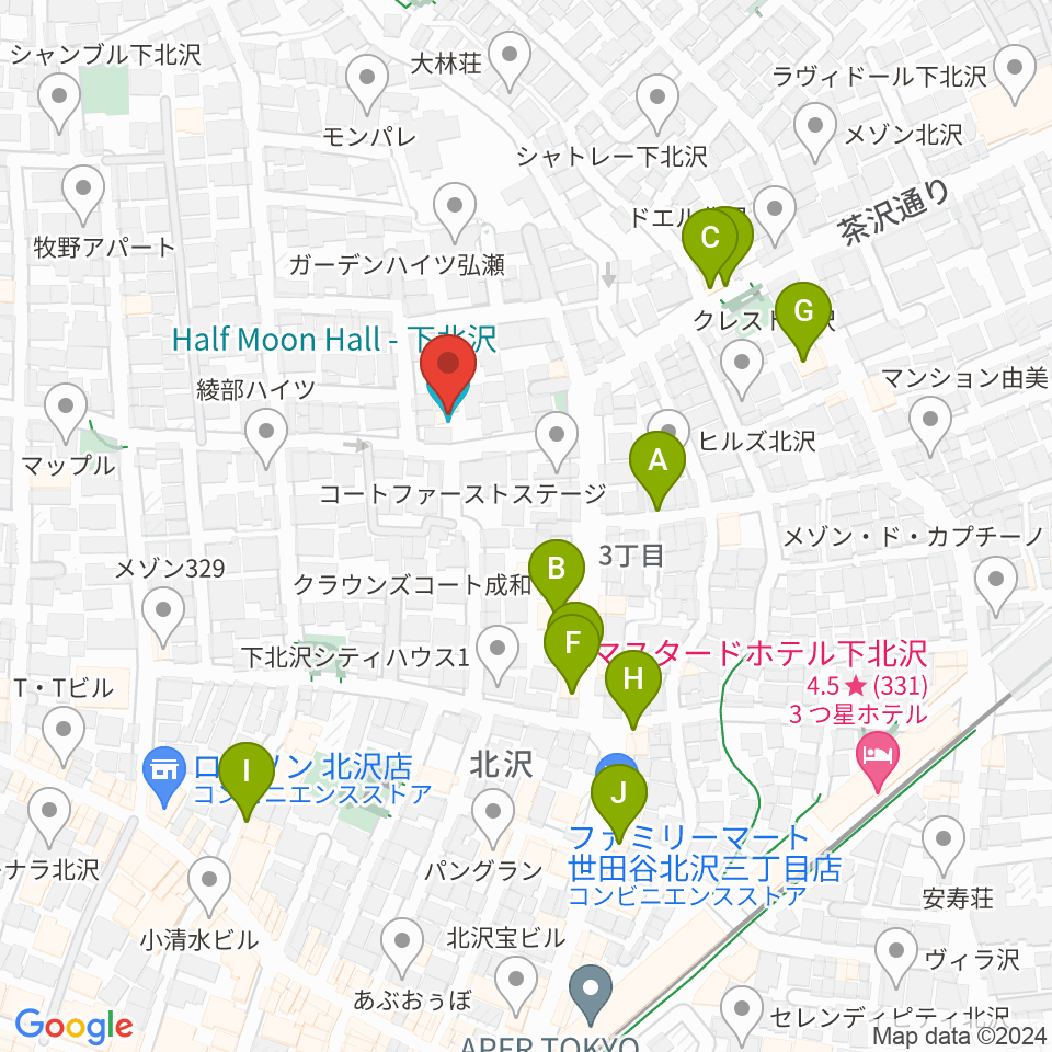 下北沢ハーフムーンホール周辺のファミレス・ファーストフード一覧地図