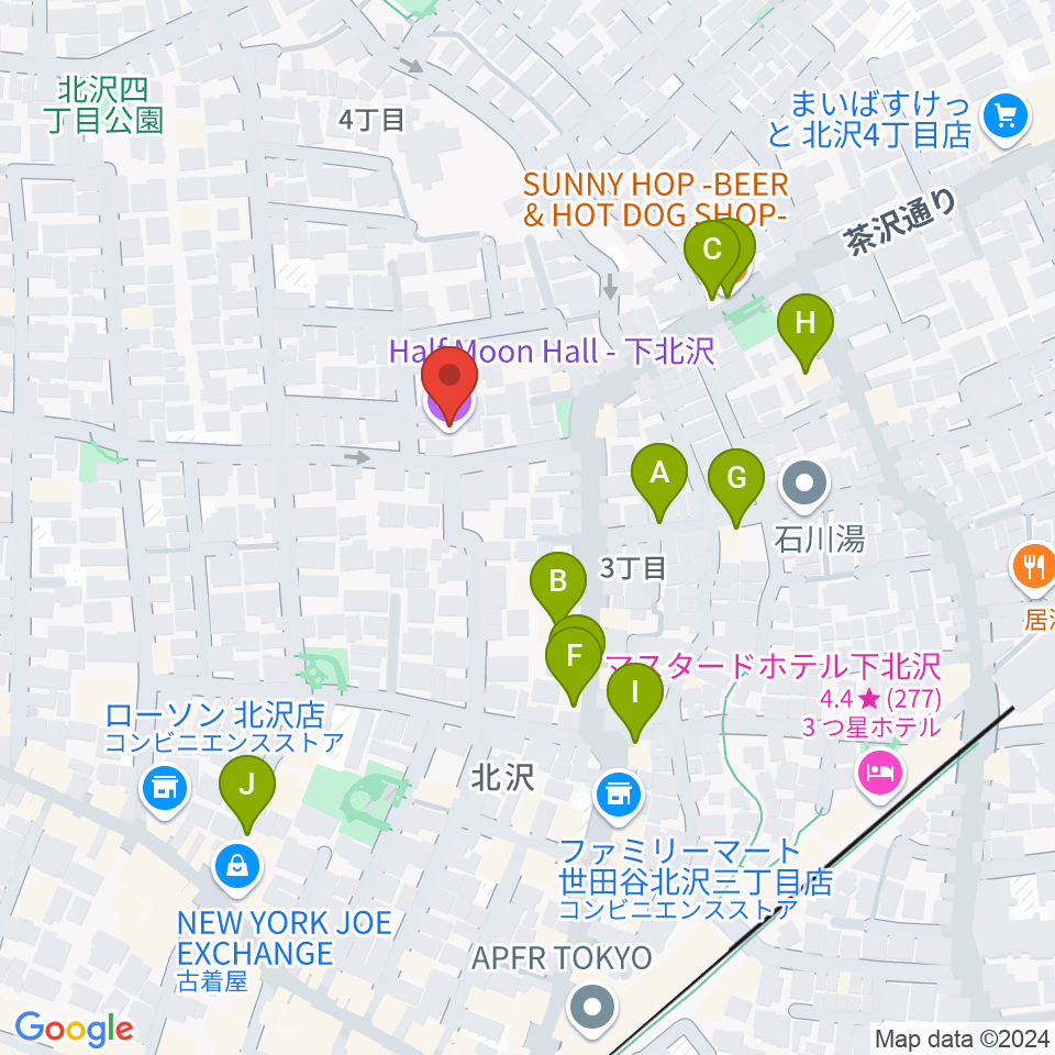 下北沢ハーフムーンホール周辺のファミレス・ファーストフード一覧地図